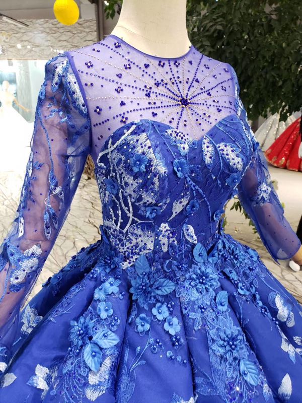 Royal Blue Long Sleeves Lace Prom Dresses,Ball Gown Quinceanera Dresses ...