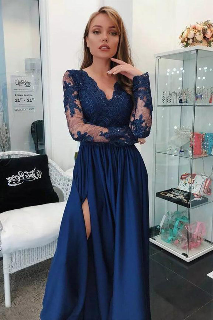 A Line Long Sleeves V Neck Dark Blue Prom Dresses With Appliques OKI67 ...