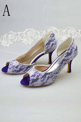 Nave Blue Peep Toe Cheap Wedding Shoes With White Lace Okdresses