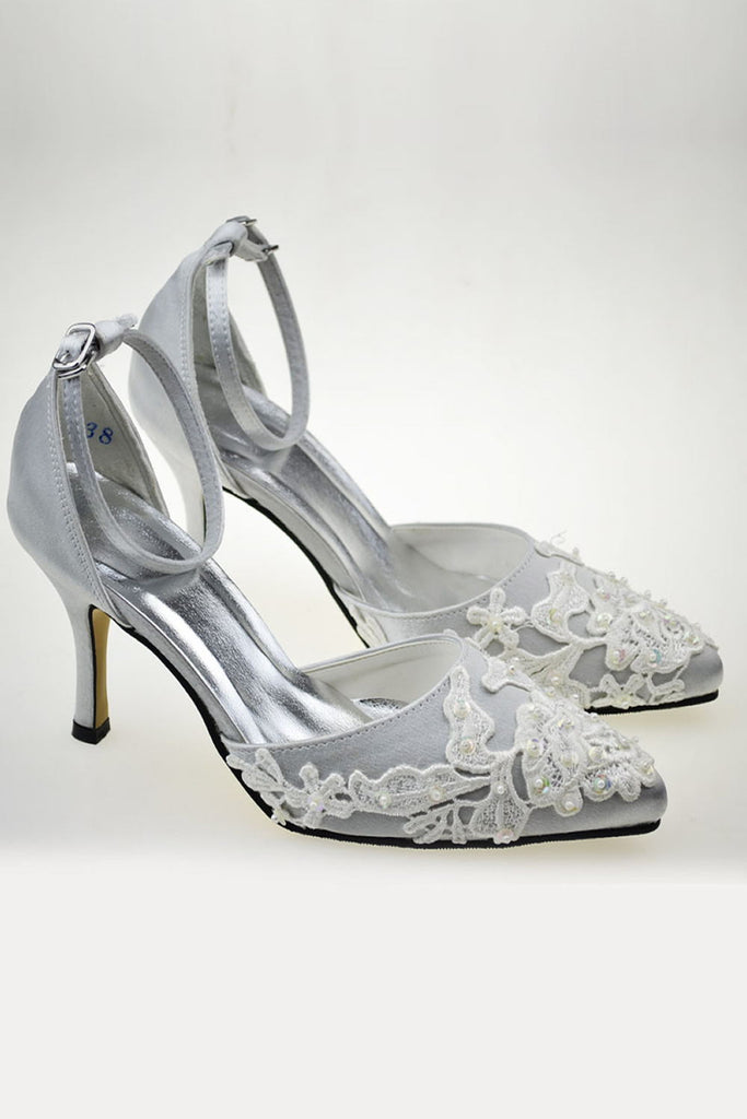 High Heel Ankle Strap Handmade Lace Beading Wedding Shoes – Okdresses