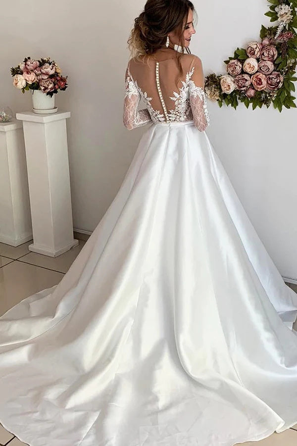 Beautiful A Line Satin Long Sleeves Open Back Wedding Dresses with Lace Appliques OK1676