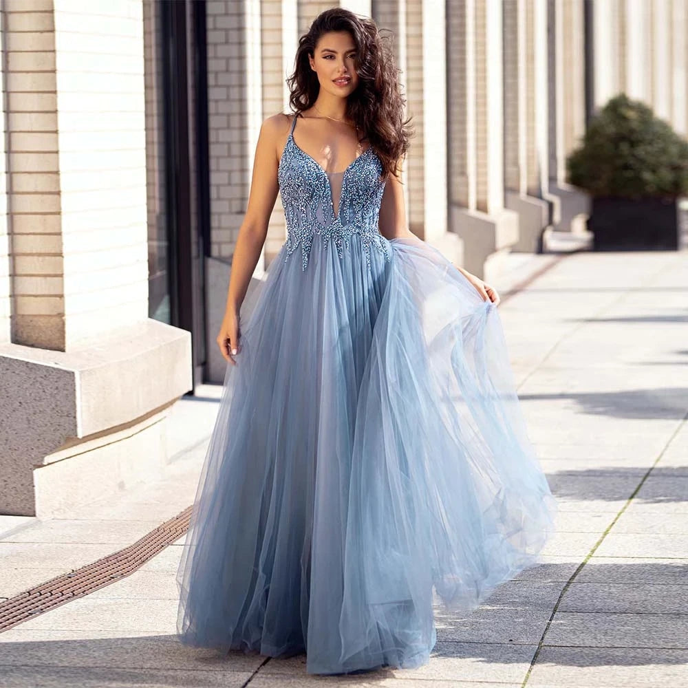 Dusty Blue Tulle Long Prom Dresses Beaded Aline Formal Gowns For Party ...