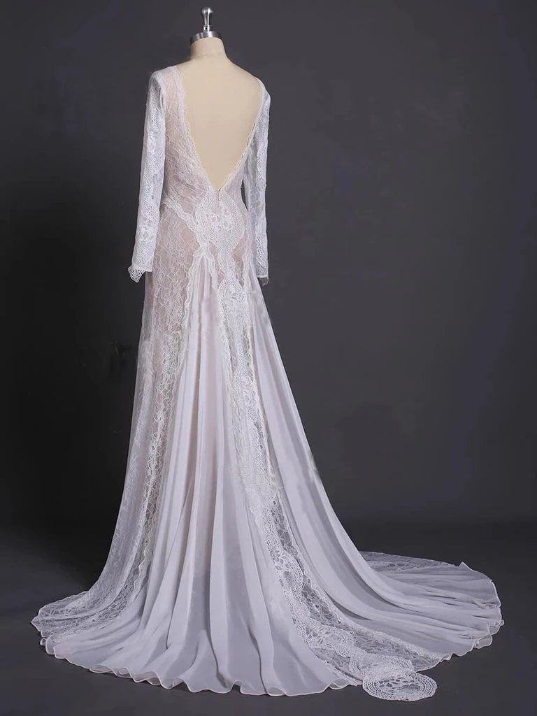 Elegant Lace Bridal Dress, Long Sleeves Backless Beach Wedding Dresses ...