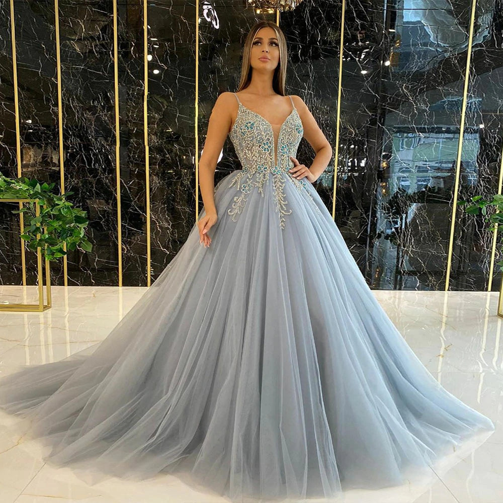 Dusty Blue Ball Gown Prom Dresses Long Spaghetti Straps Tulle Crystals ...