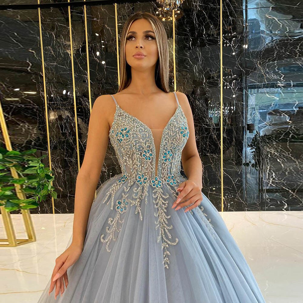 Dusty Blue Ball Gown Prom Dresses Long Spaghetti Straps Tulle Crystals ...