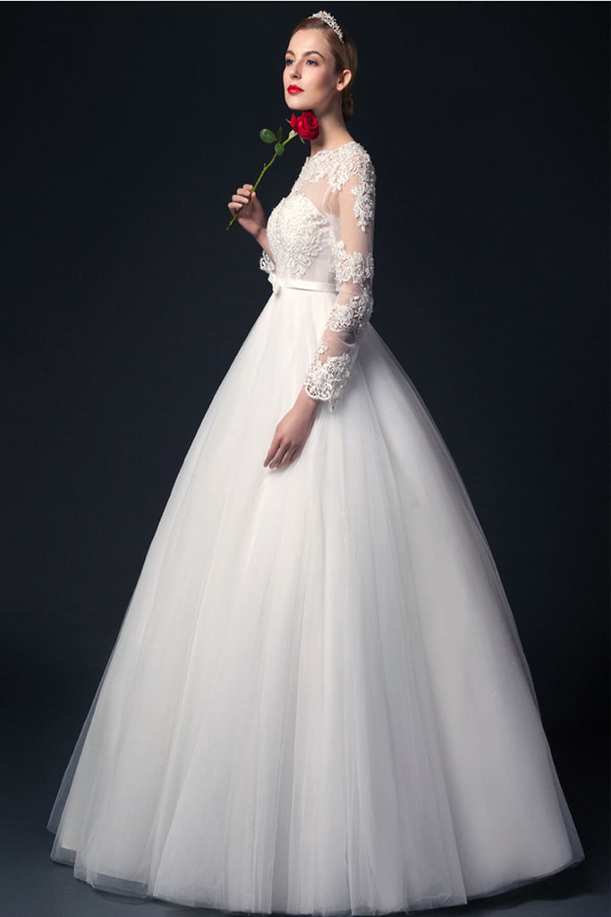 Elegant Handmade Puffy Long Sleeves Lace Wedding Dress – Okdresses