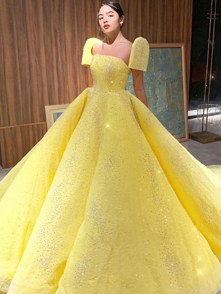 yellow glitter prom dress