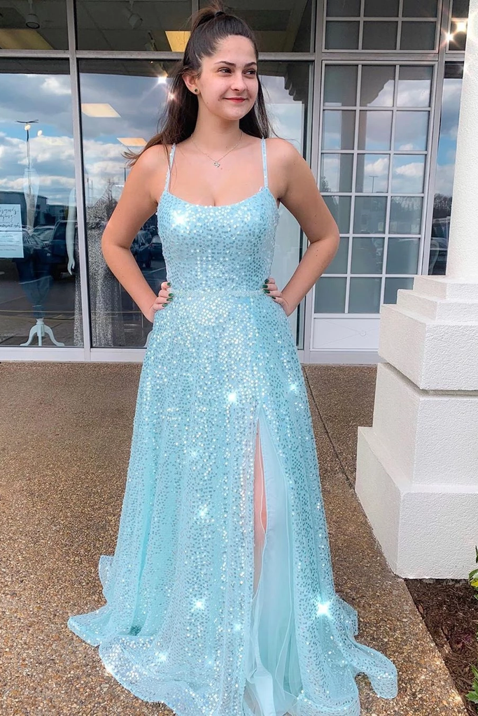 Spaghetti Straps Sky Blue Prom Dress With Slit Sparkly A Line Formal D ...