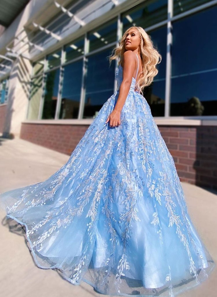 A-line Spaghetti Straps Lace Appliques Sky Blue Long Prom Dresses Even ...