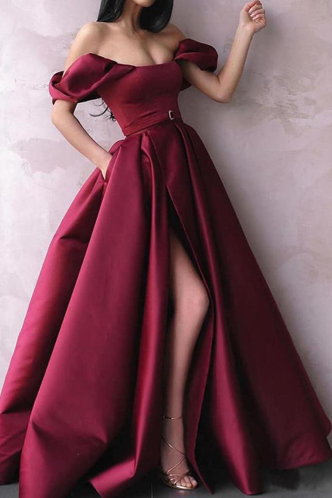 Burgundy Off The Shoulder Prom Dresses Long Formal Dresses With Slit