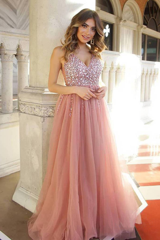 A Line Dusty Rose Long Tulle Prom Dresses Beading Bodice V Neck Formal Dress Okh49 Okdresses 8481