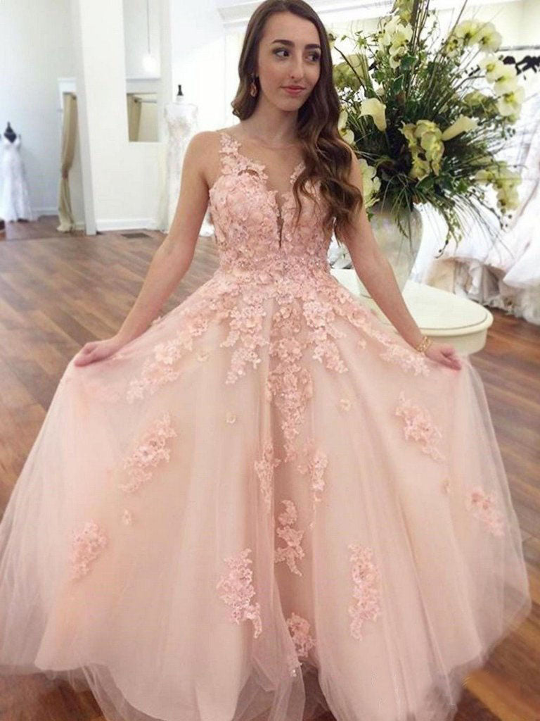 Elegant Pink Ball Gown Prom Dresses With Lace Appliques OKO90 – Okdresses