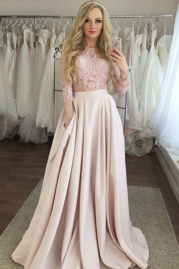 Two Piece 34 Sleeves Floor Length Pink Satin Prom Dress With Lace Pockets Oki77 Okdresses 