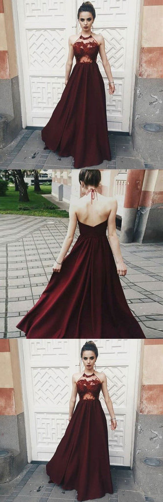 Sexy Halter Dark Burgundy Long Sleeveless Prom Dresses With Appliques Okdresses 2049