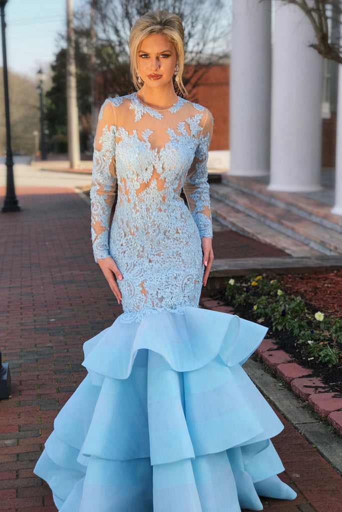 Elegant Long Sleeves Mermaid Blue Lace Layered Prom Dress Open Back