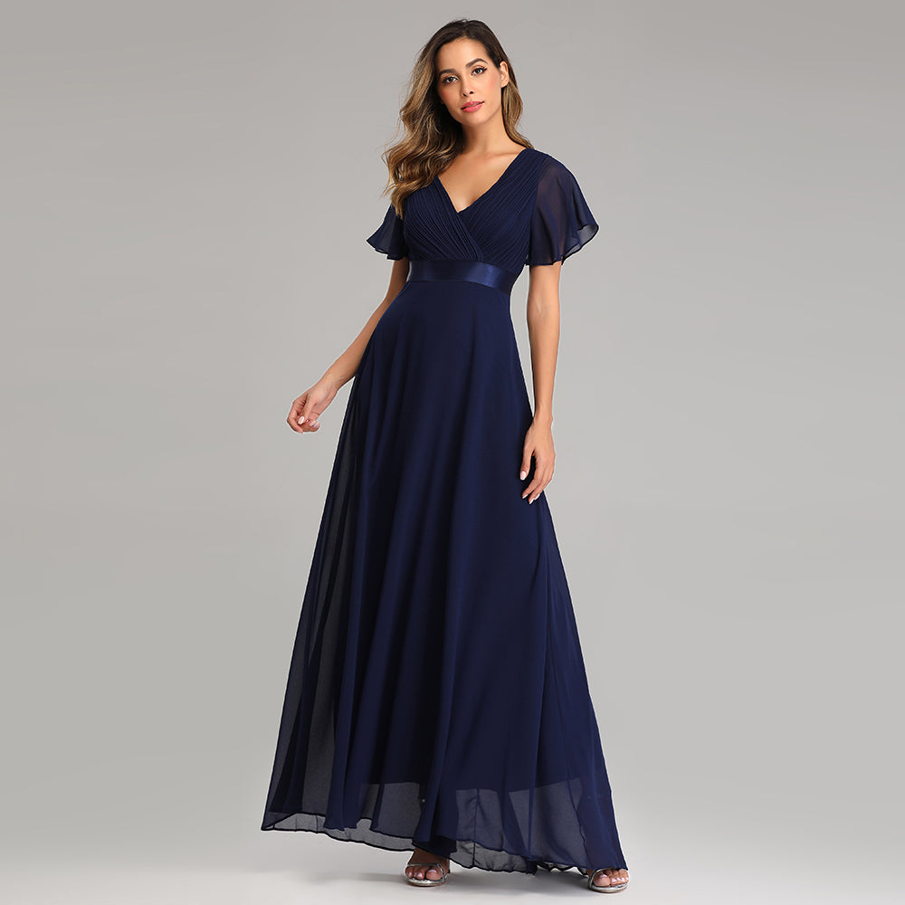 A Line Chiffon Short Sleeves Long V Neck Prom Dresses XU90812 – Okdresses
