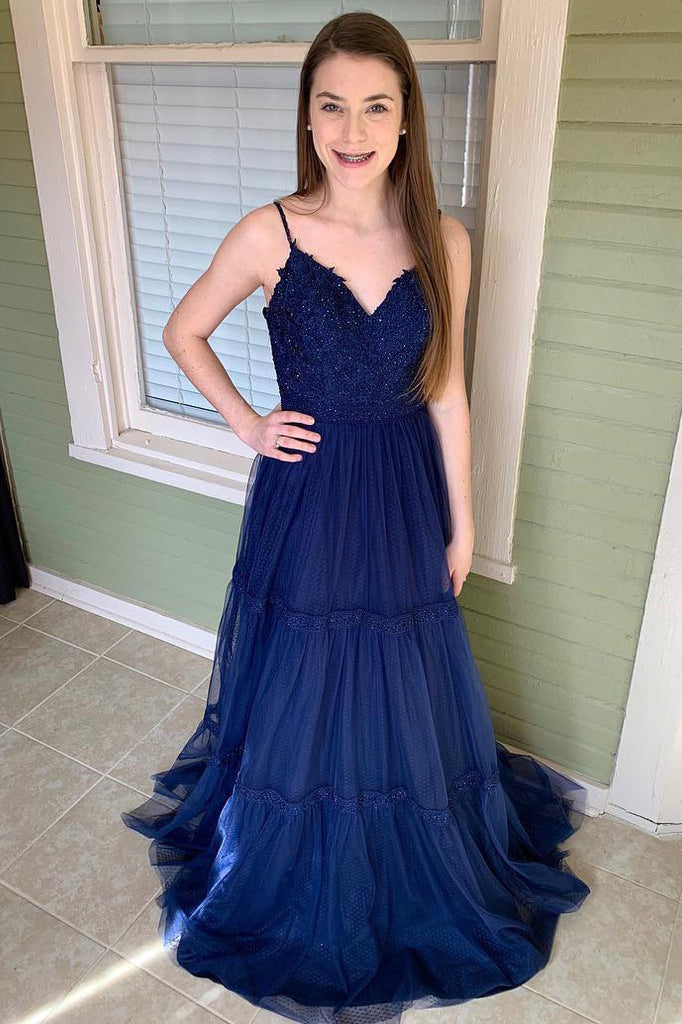 A Line Spaghetti Straps Dark Blue Tulle Long Prom Dresses OKJ38 – Okdresses