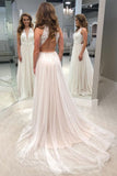 A-Line V-Neck Open Back Tulle Wedding Dresses with Lace Bodice OKK46