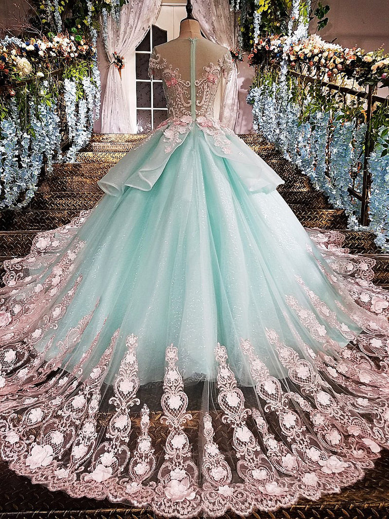 Princess Ball Gown Flower Appliques Prom Dress,Quinceanera Dresses OKE65 – Okdresses