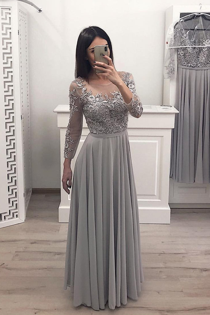 gray evening gowns with sleeves