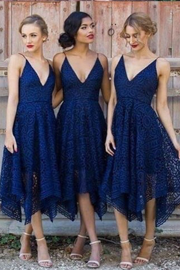 Navy Blue/Pink V-neck Straps Asymmetry Lace A-line Bridesmaid Dresses