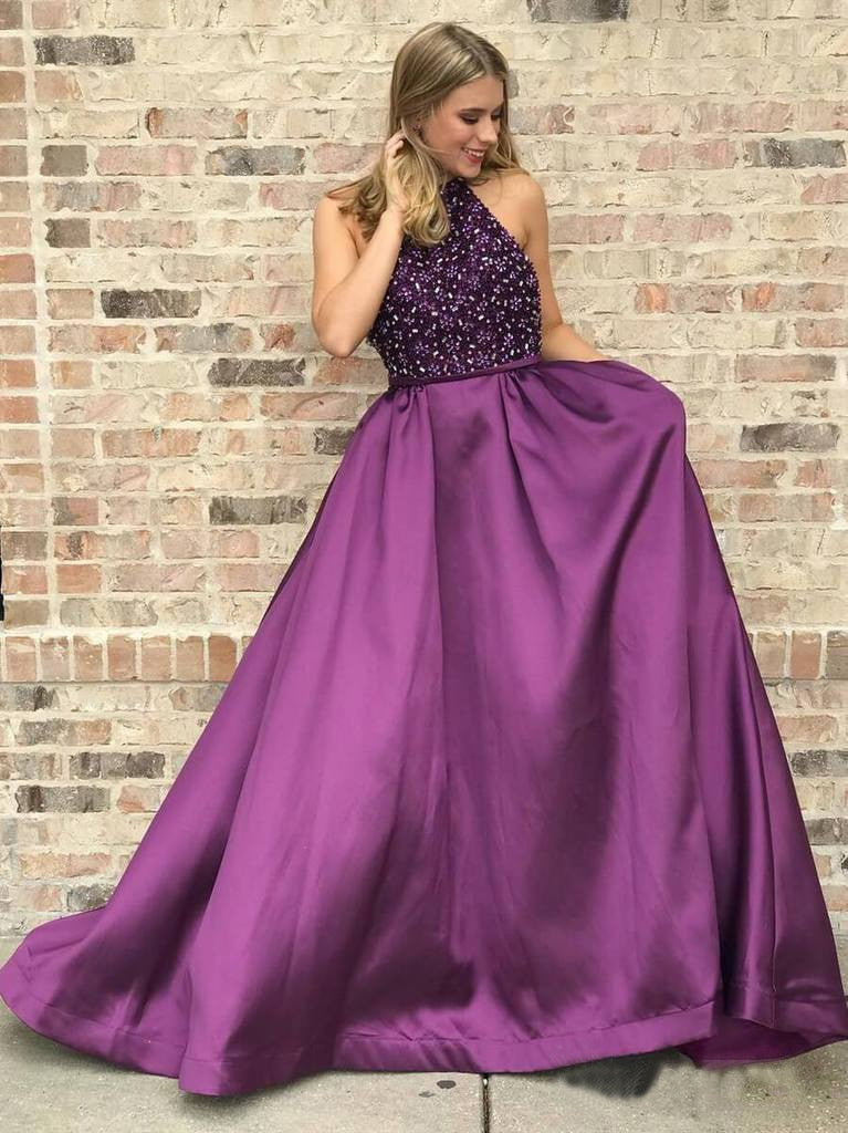 Halter Purple Long Satin Prom Dresses Beaded Junior Evening Gown 2019 ...