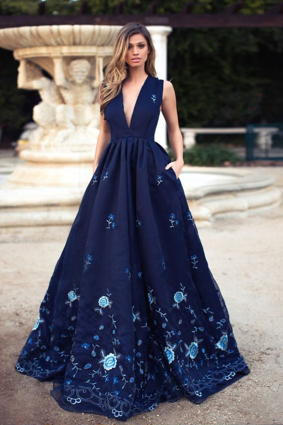 A Line Deep V Neck Navy Blue Long Prom Dress With Appliques Pockets Okdresses 