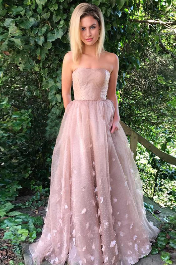 Princess Strapless A Line Dusty Pink Long Prom Dress Evening Dress ...