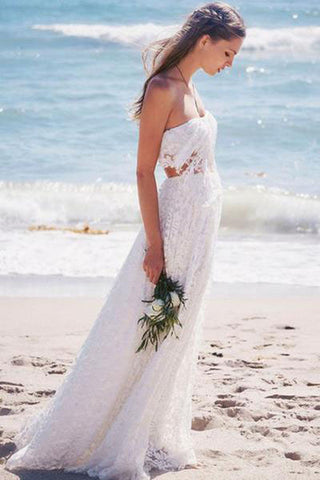 Simple Strapless Lace Long White Beach Wedding Dresses Okdresses