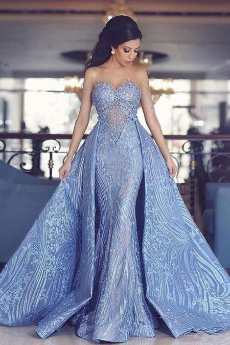 Sweetheart Mermaid Prom Dress With Detachable Trainblue Evening Dress Okdresses 