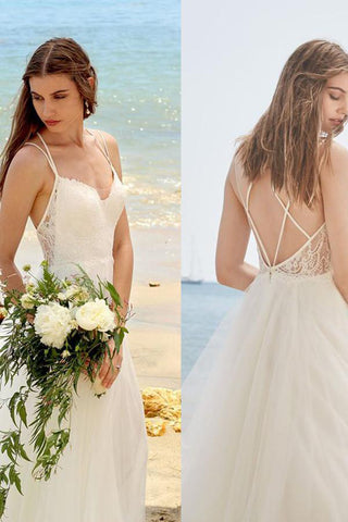 Simple Spaghetti Straps Ivory A Line Tulle Beach Wedding Dress