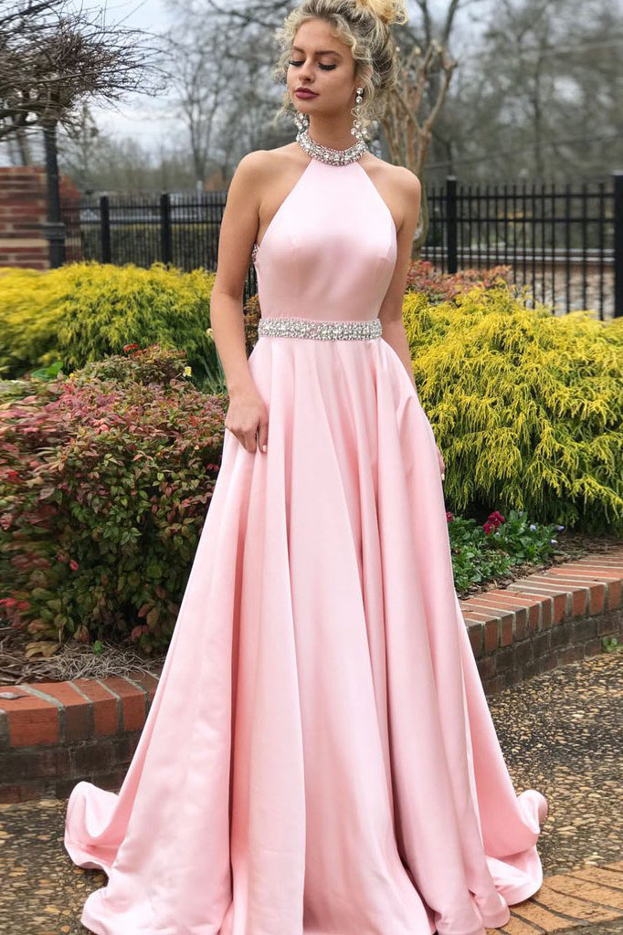 Fashion Aline Pink High Neck Sexy Back Cheap Beading Prom Dress