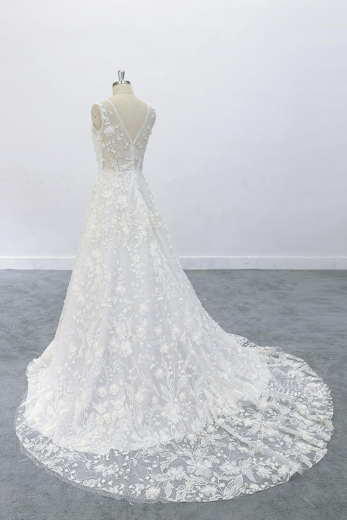 3D Flowers A-Line Round Neck Wedding Dress with V Back Lace Bridal Dre ...