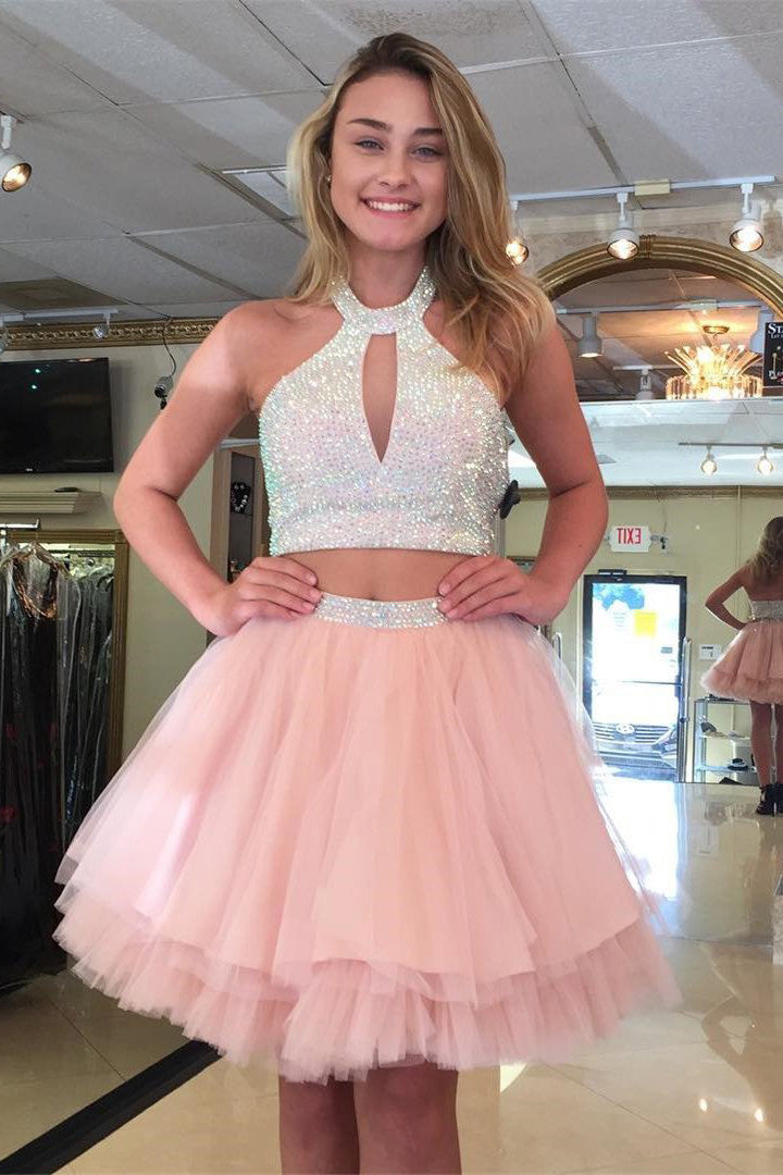 Sweet Two Pieces A-line Halter Mini Tulle Short Pink Homecoming Dresses ...