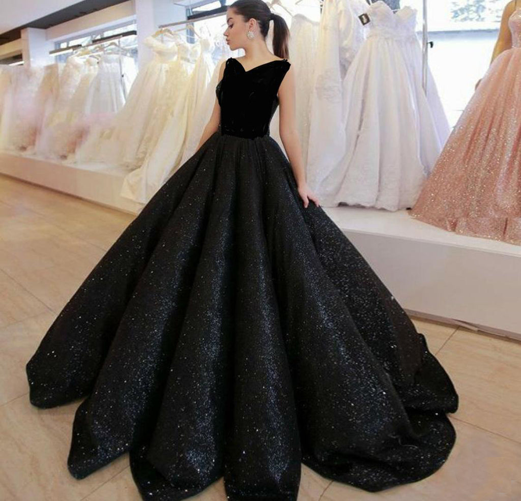 Black V Neck Sequined Ball Gown Prom Dress, Big Formal Dresses OKI83 ...