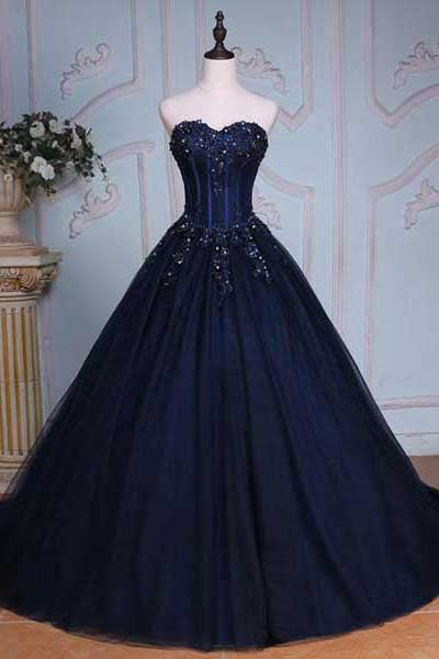 Navy Blue Ball Gown Court Train Sweetheart Appliques Prom Dress – Okdresses