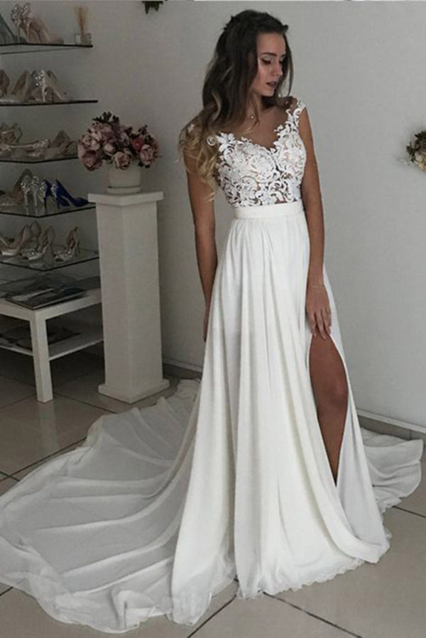 Cheap Off White Long Chiffon Cap Sleeves Split Wedding Dresses With Lace Okdresses 2010