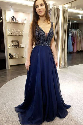 Sexy Low Cut Beading Chiffon Long Prom Dresses For Teens – Okdresses