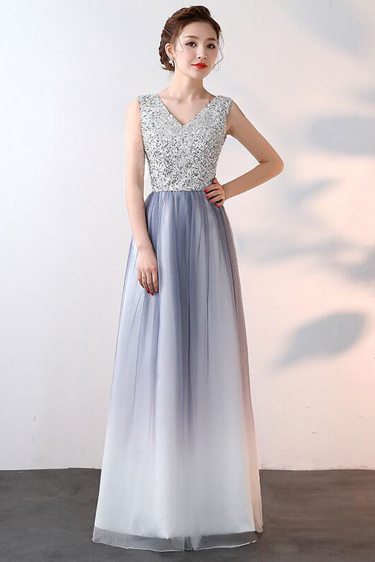 Unique Ombre Beaded A Line Long V Neck Sleeveless Prom Dress – Okdresses