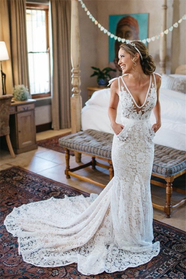 V Neck Sleeveless Mermaid Backless  Lace  Wedding  Dress  