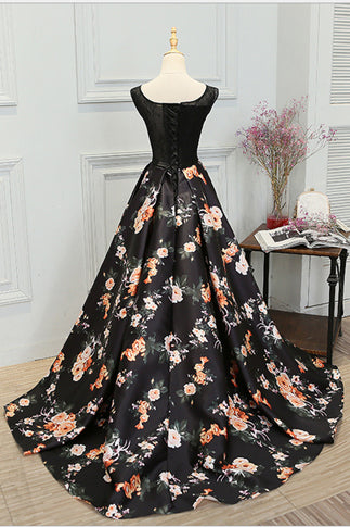 Stylish A Line Long Floral Printed Prom Dress,Formal Evening Dress ...