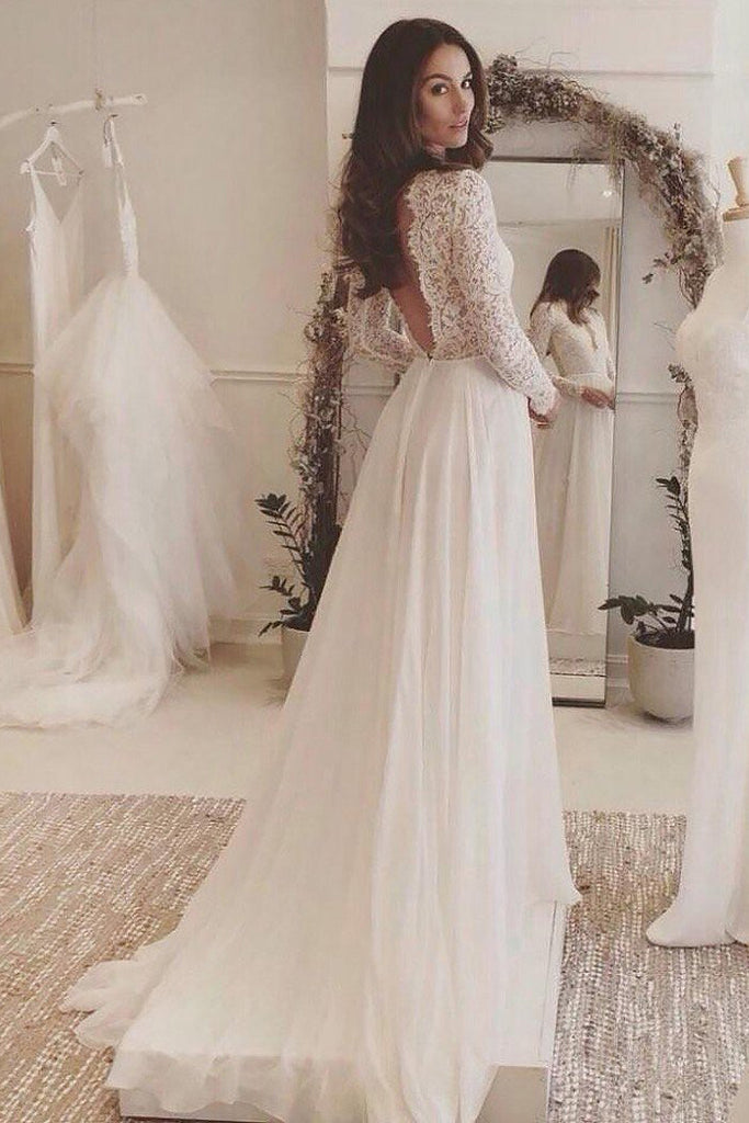 Off White Chiffon Long Sleeves Wedding Dress, A Line V Neck Prom Dress
