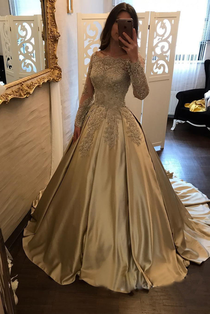 Charming Satin Ball Gown Long Sleeve Lace Appliques Prom Dress – Okdresses