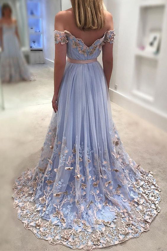 Light Blue Tulle Off Shoulder Evening Gowns A Line Applique Prom Dress Okdresses 4910