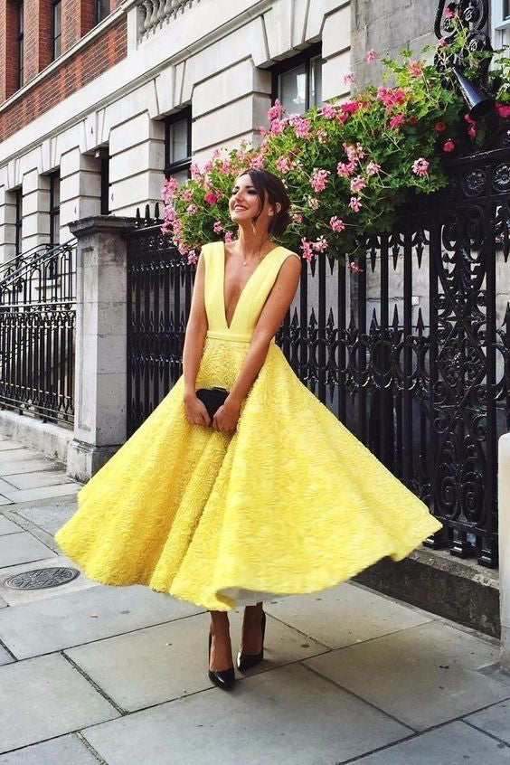 Yellow Lace A Line Deep V Neck Prom Dress,Homecoming Dresses – Okdresses