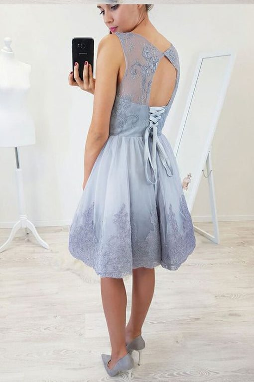 A-Line Round Neck Open Back Short Blue Homecoming Dress with Lace Appl ...