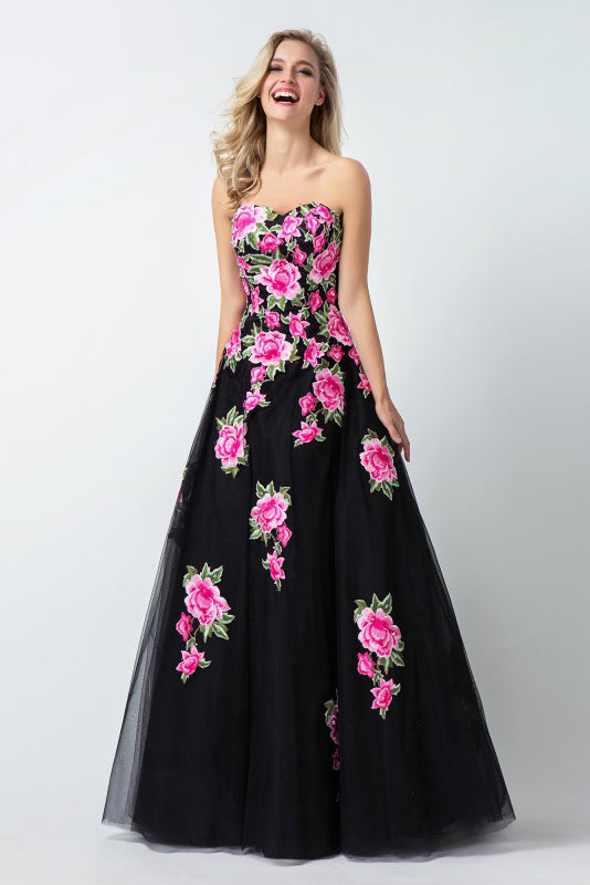 Black Sweetheart Flower Appliques Long A Line Tulle Prom Dresses ...