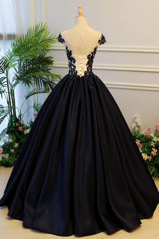 Puffy A Line Cap Sleeves Black Satin Long Prom Dress With Appliques Okdresses