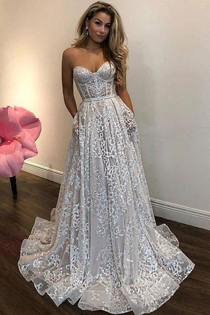 Off White Sweetheart Lace Long Wedding Dress,Charming Prom Dresses ...