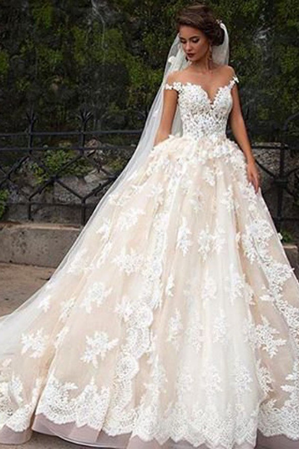 Romantic Jewel Cap Sleeves Ball Gown Wedding Dress with ...